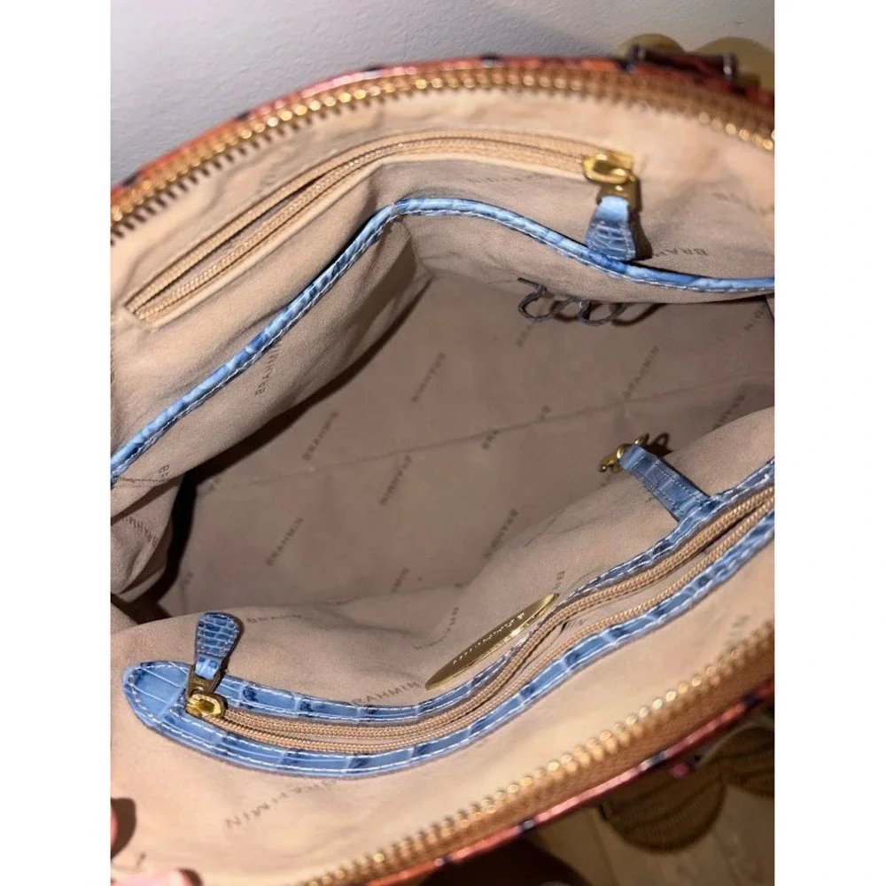 Brahmin Tri-Color Croc Embossed Leather Satchel Crossbody Bag Cream Brown Blue